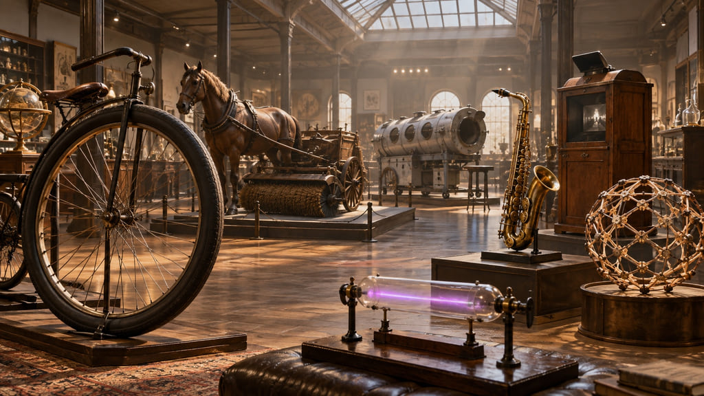 Editorial illustration of seven overlooked inventions arranged in a museum-like exhibition hall.