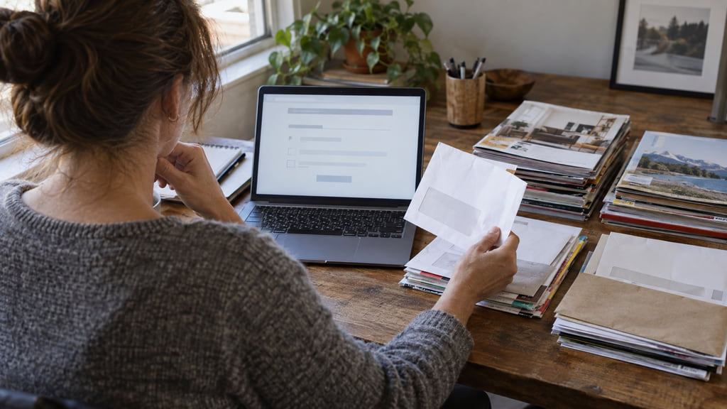 Person sorting generic catalogs and advertising envelopes while reviewing an online preference form.