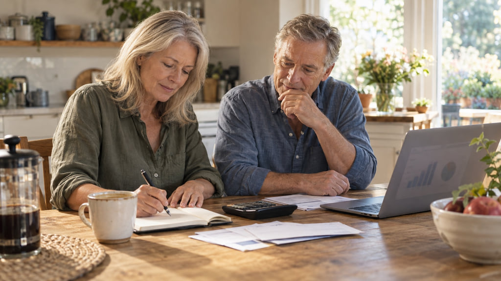 Late-career couple reviewing a retirement plan together at a sunlit kitchen table.