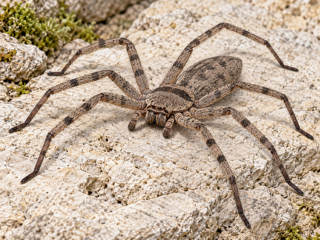 A brown huntsman spider with long, sideways-spreading legs rests on pale limestone.
