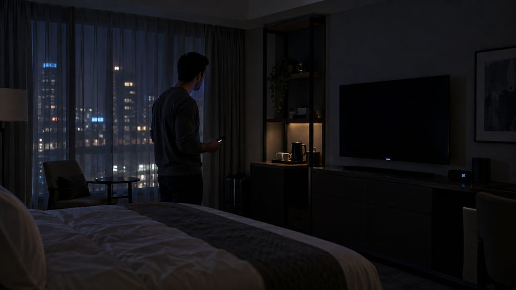 Traveler observing ordinary standby lights around a dark hotel room without treating them as proof of a camera.