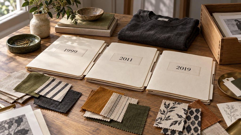 Ivory folders dated 1999, 2011, and 2019 beside fabric samples on an oak archive table.