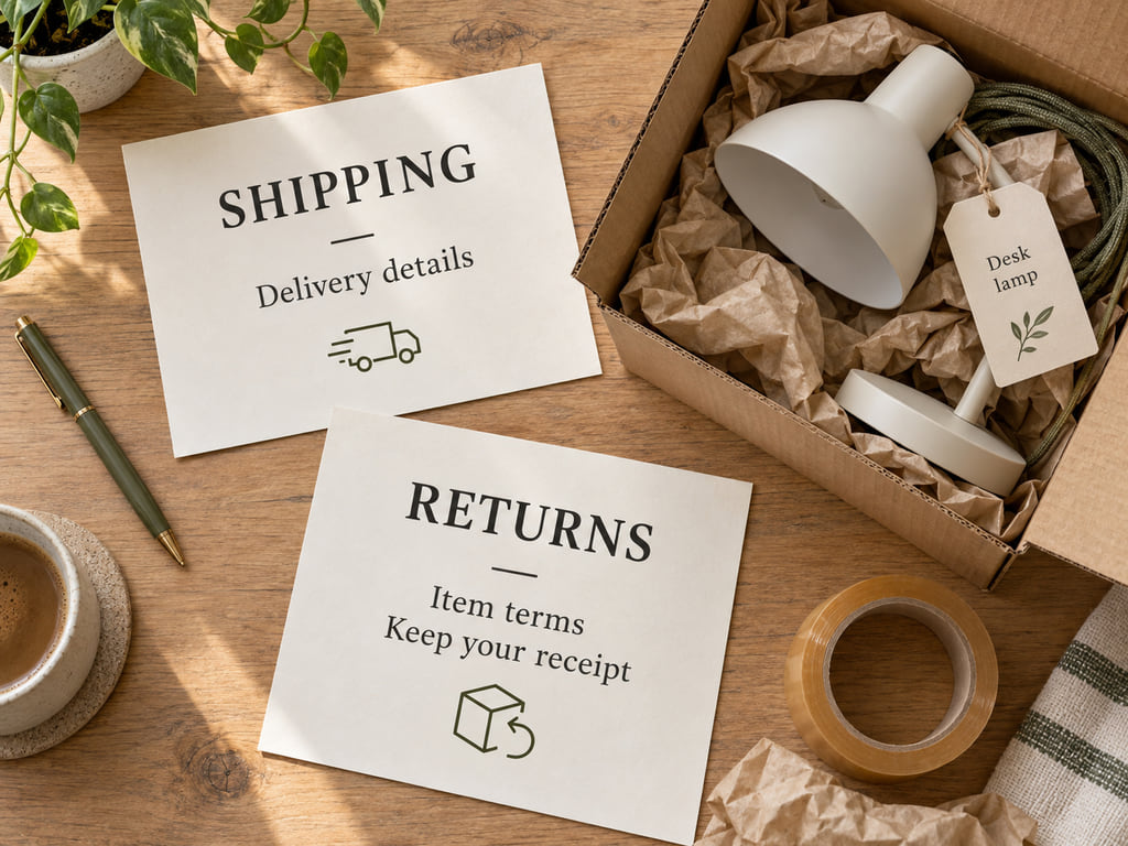 Overhead view of a shipping carton, product tag, and separate shipping and return information cards.