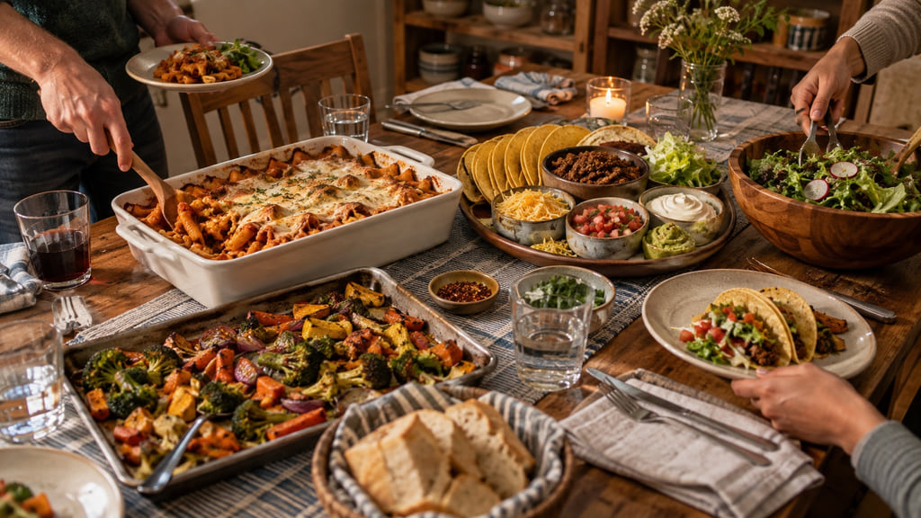 A family serves baked pasta, tacos, roasted vegetables, and salad from a shared weeknight dinner table.