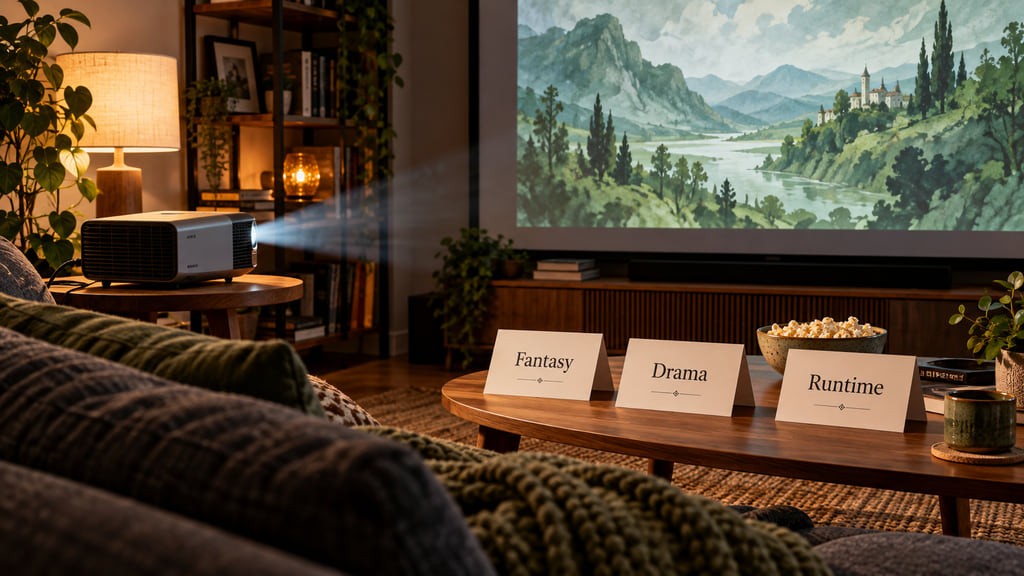 A home projector faces a landscape screen beside film-choice cards labeled Fantasy, Drama, and Runtime.
