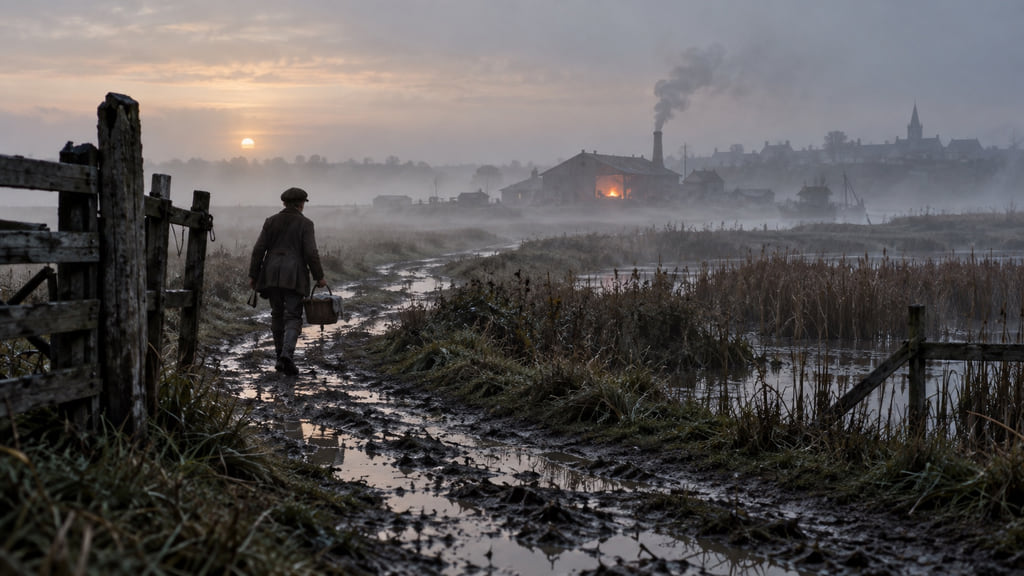 Young figure carrying a covered basket along a muddy path across foggy Kent marshes toward a distant forge.