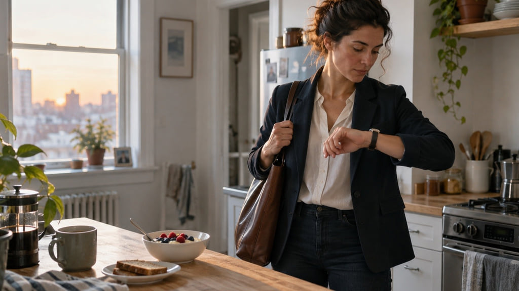 Commuter checks the time beside an untouched bowl of berries and whole-grain toast in a sunlit kitchen.