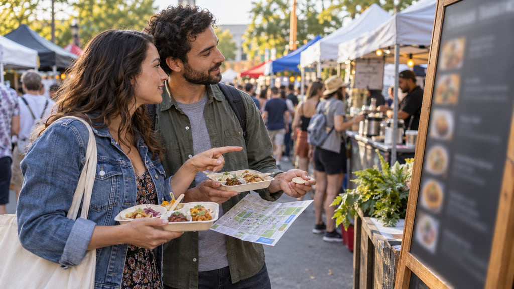 Visitors compare small tasting portions at an outdoor neighborhood food festival.