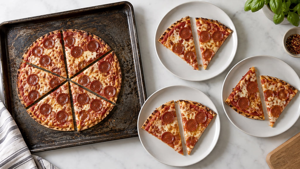 Thin pepperoni pizza divided across three plain plates to illustrate a three-serving package.