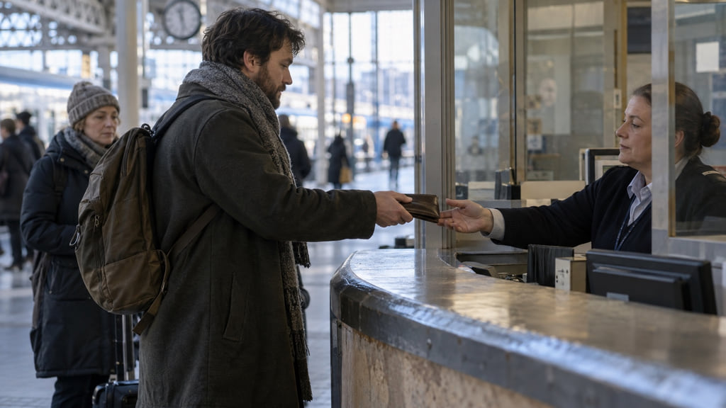 Commuter returning a found wallet to a transit desk while another traveler waits nearby.