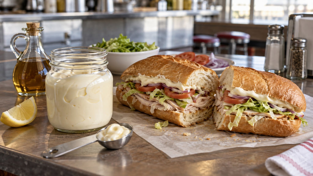 Creamy mayonnaise beside a fresh hoagie, vinegar, lemon, eggs, and a metal tablespoon measure.