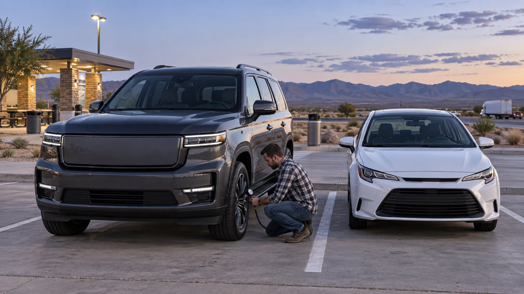 Editorial illustration of a driver checking tire pressure on a badge-free large SUV beside a compact sedan.