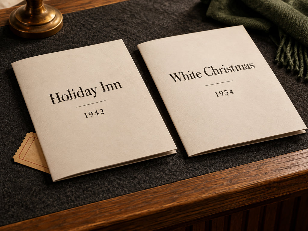 Two cream program folders read Holiday Inn 1942 and White Christmas 1954 on a wooden counter.