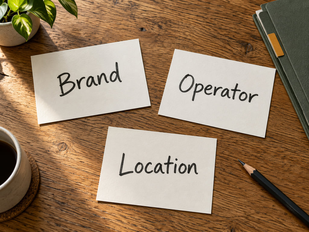 Separate Brand, Operator, and Location cards on an oak document-research desk.