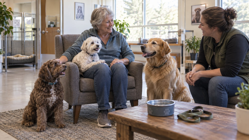 Older adult comparing three calm adult dogs with an adoption counselor in a bright community shelter lounge.