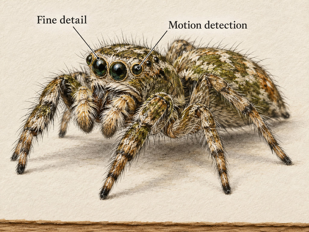 An oblique jumping spider illustration labels a large central eye Fine detail and a smaller outer eye Motion detection.