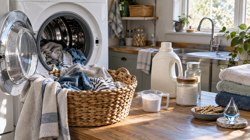 Bright home laundry room with an open washer, cotton clothes, towels, and unbranded detergent measuring tools.