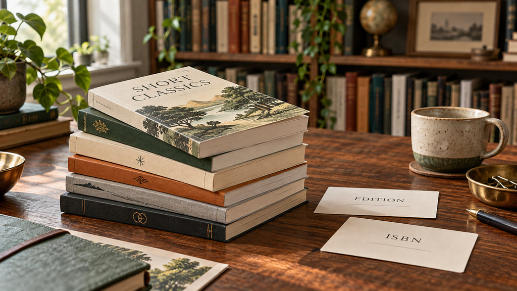 A stack of slim paperbacks sits beside cards labeled Edition and ISBN in a reading room.