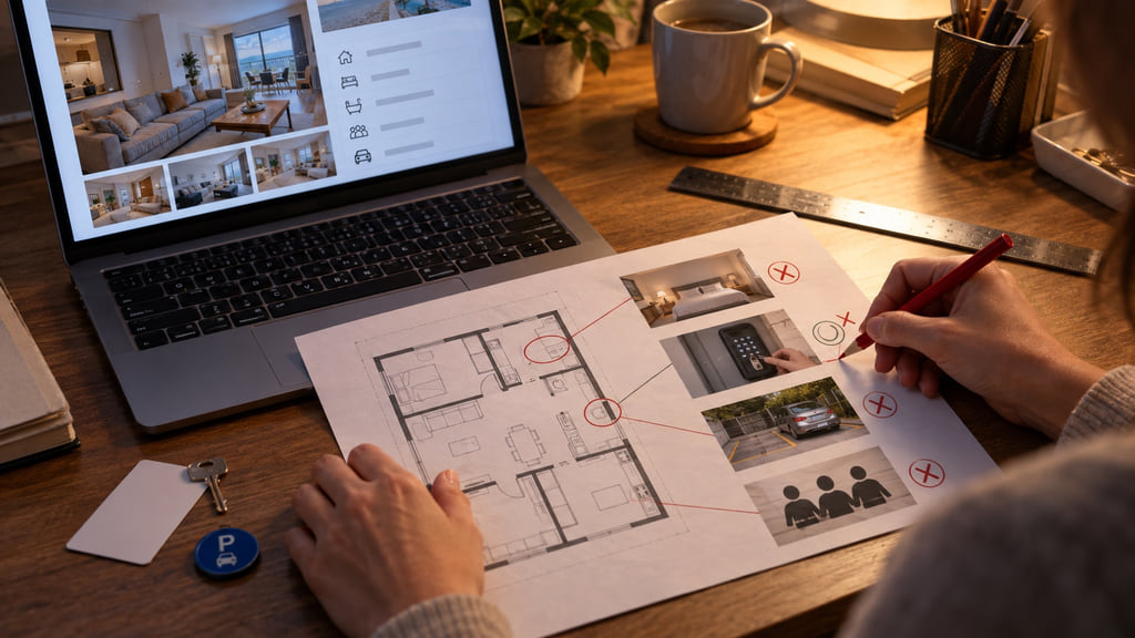 Editor marks conflicting room counts, check-in times, and amenity details across an unbranded rental listing.