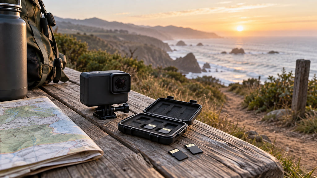Unbranded action camera and blank microSD cards in a protective case on a coastal trail bench.