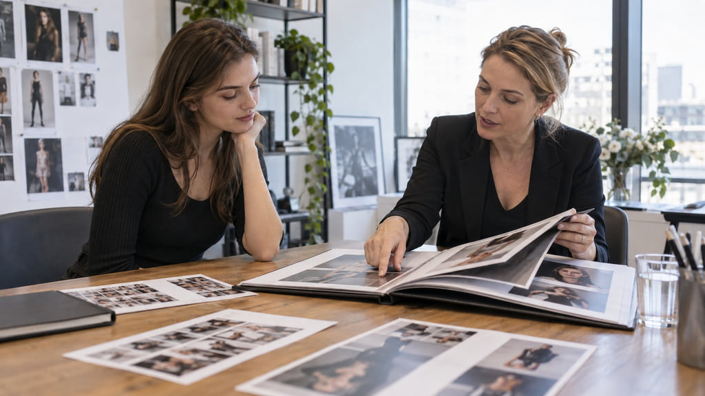 Young adult model reviewing a portfolio with an agency representative in a professional office.