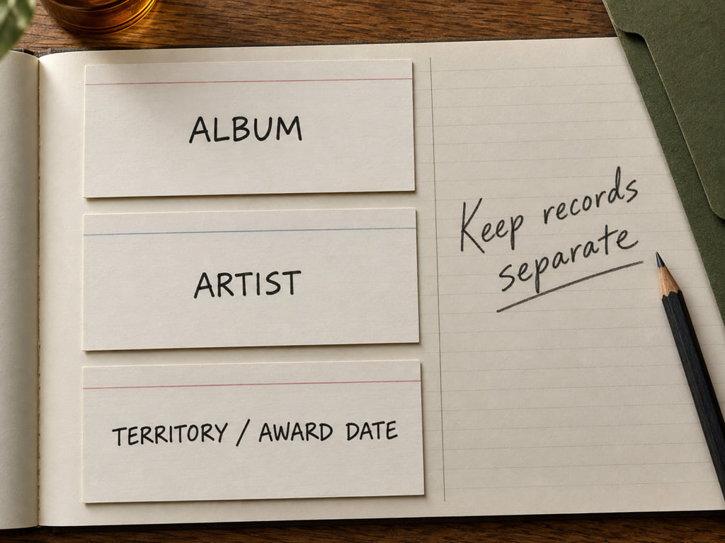 Research cards read ALBUM, ARTIST, and TERRITORY / AWARD DATE beside the note Keep records separate.