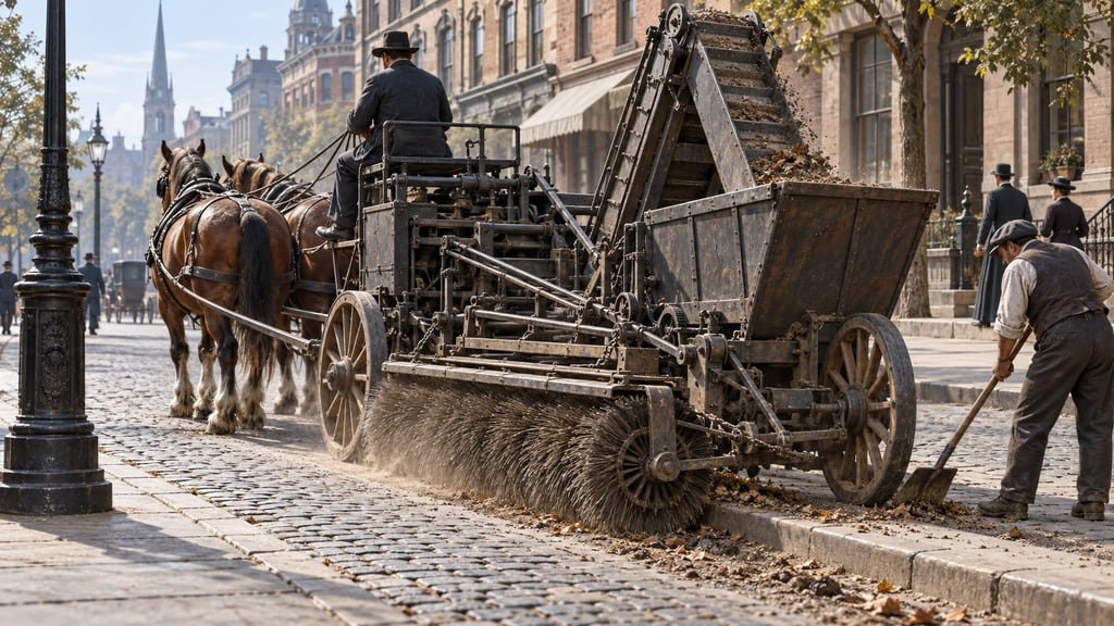 Editorial illustration of a horse-drawn rotary street sweeper clearing debris beside a nineteenth-century curb.