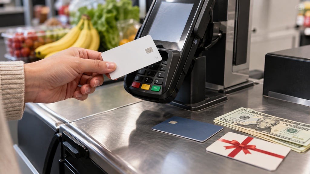 A shopper holds an unbranded contactless card beside cash, debit, and gift-card options at checkout.