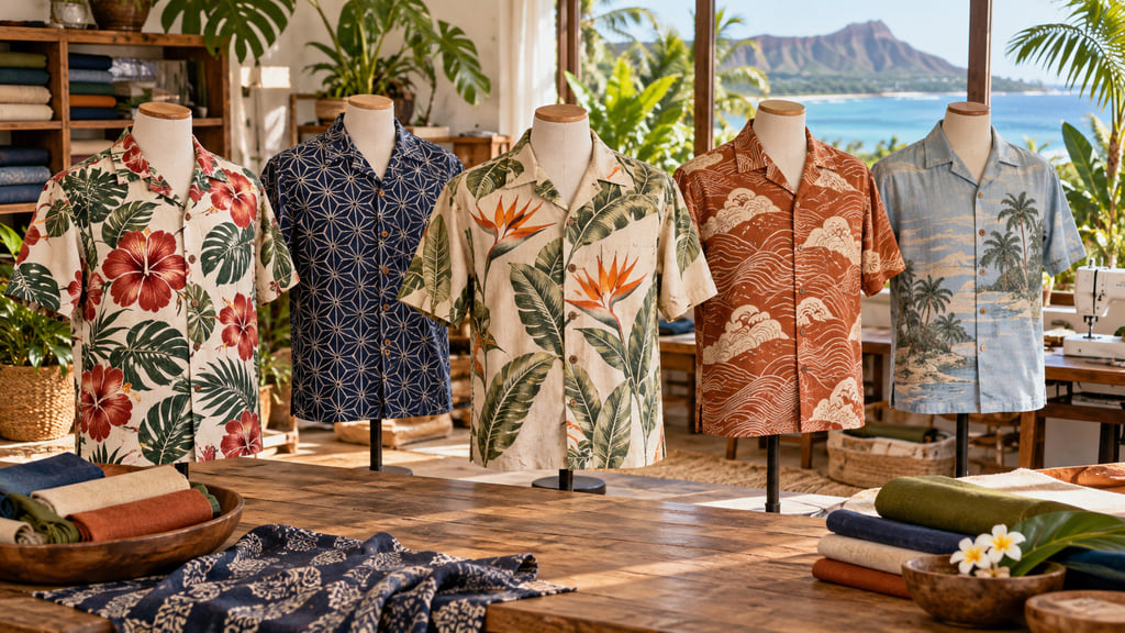 Five label-free vintage-inspired aloha shirts with botanical and geometric patterns displayed in a bright island design studio.