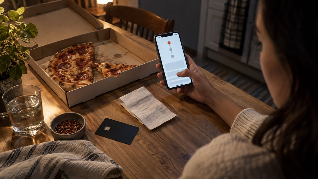 Customer reviewing a generic order-progress screen beside pizza, a receipt, and a payment card.