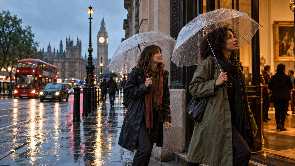 Two adults with clear umbrellas entering a warmly lit London gallery from a rain-soaked street.