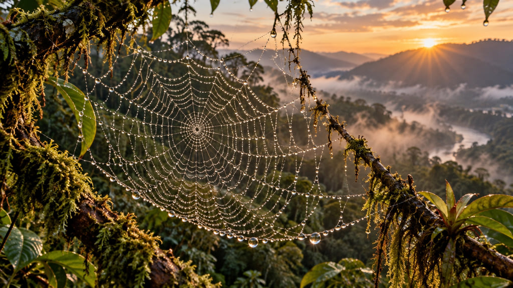 Dew-covered spider web stretching between mossy rainforest branches at sunrise.