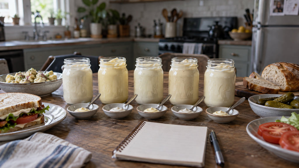Unlabeled jars of mayonnaise arranged for a kitchen-table comparison with sandwiches, potato salad, and tasting spoons.