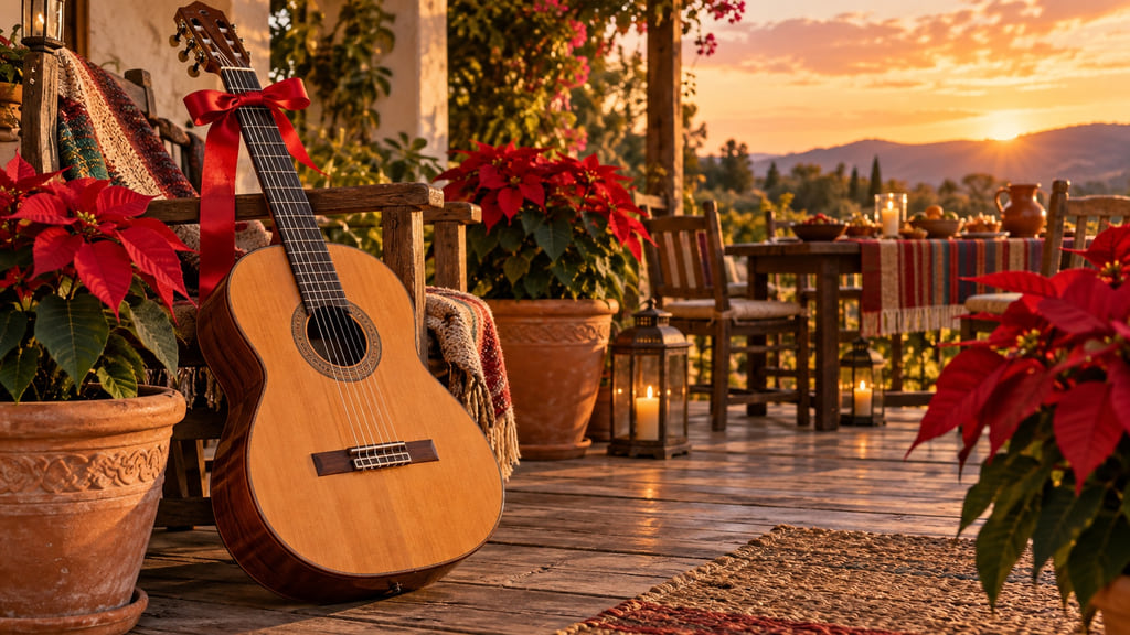 Classical guitar with a red ribbon on a warm patio surrounded by poinsettias at sunset.