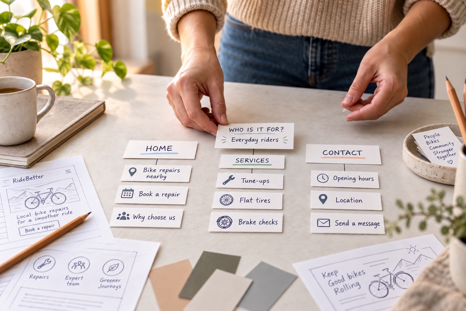 Hands organizing English content cards for Home, Services, and Contact pages of an illustrative bike repair site.