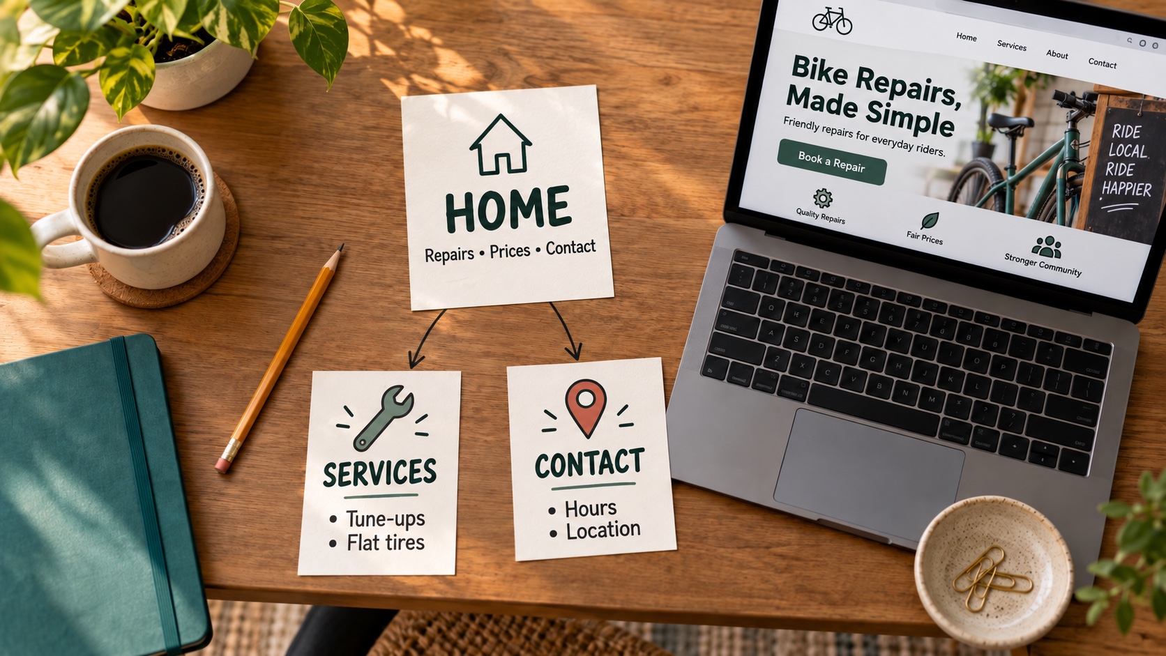 Illustrative bike repair website on a laptop beside labeled Home, Services, and Contact planning cards.