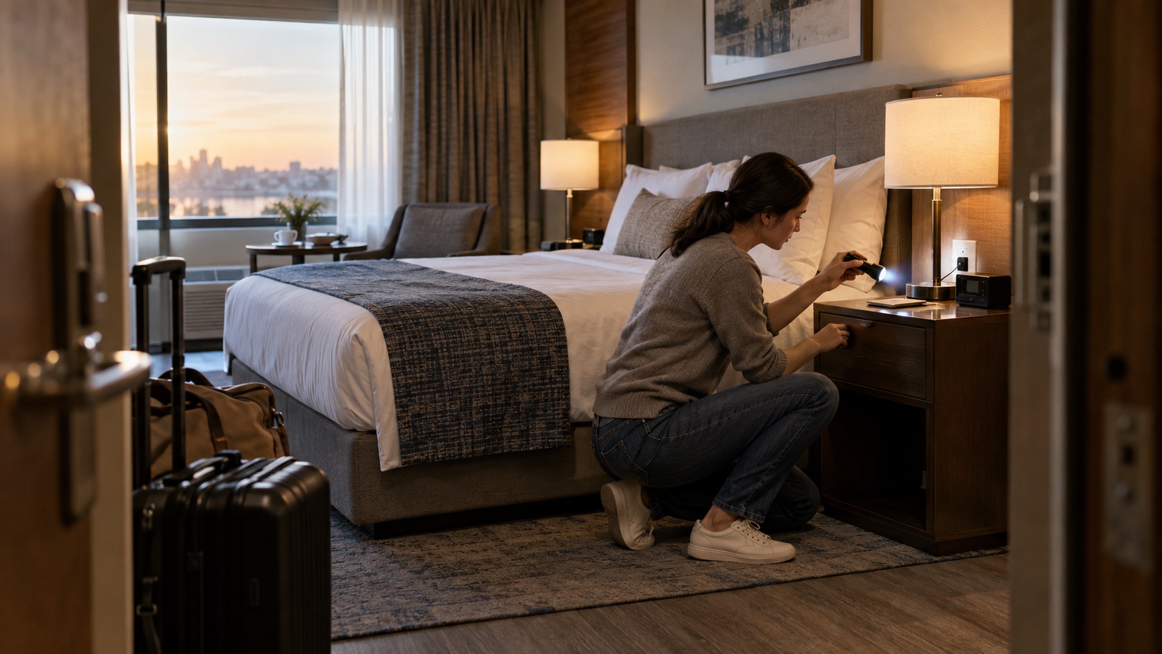 Traveler calmly inspecting a hotel nightstand and wall outlet with a flashlight after arrival.