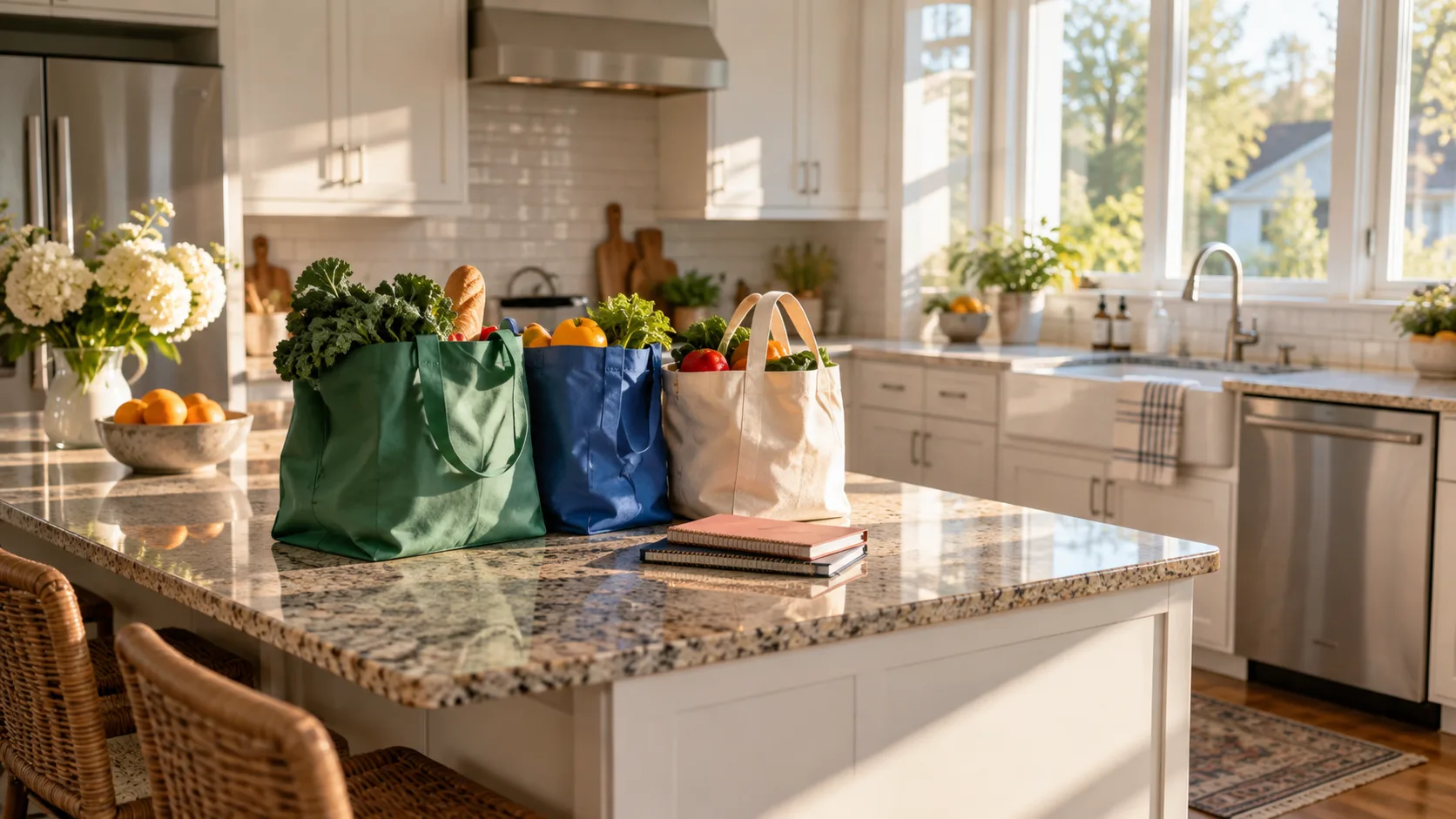 Modern sunlit suburban kitchen counter with planners and fresh groceries.