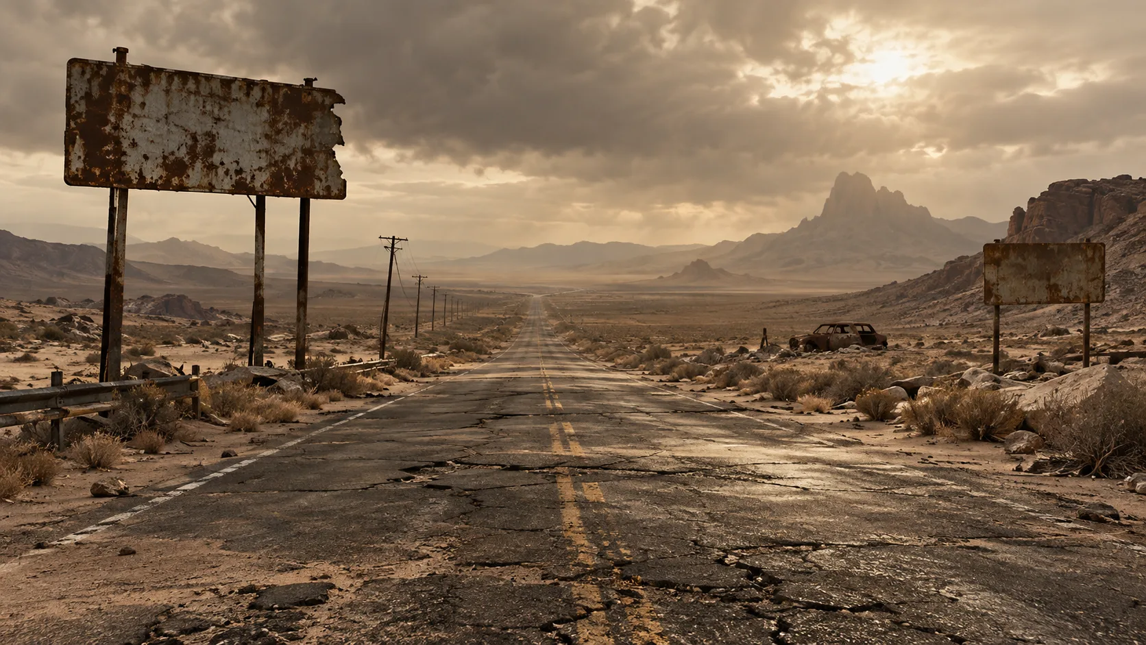 Vast desert highway under a dusty overcast sky with weathered asphalt textures.