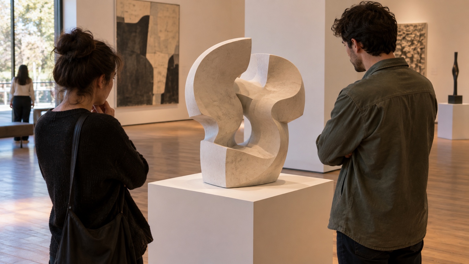 Two gallery visitors viewing one interlocking sculpture from different angles.