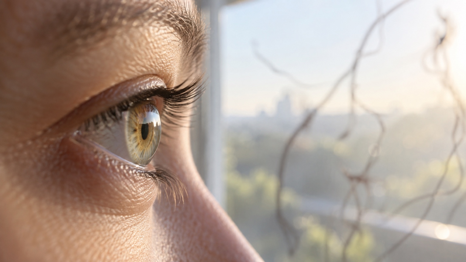 Close side view of a human eye against a bright window with soft threadlike shadows nearby.