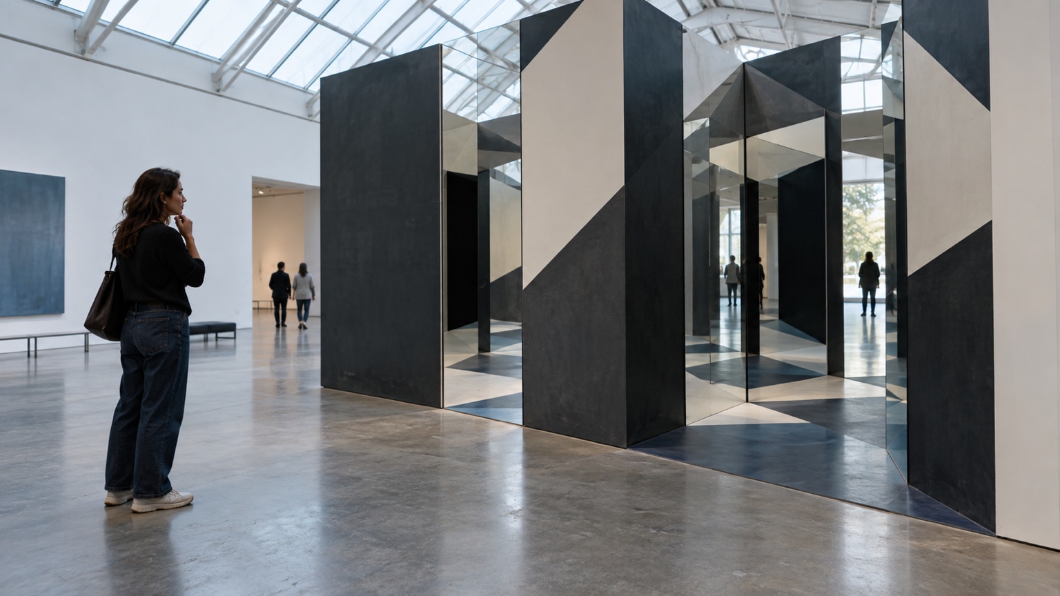Museum visitor studying an ambiguous mirrored geometric installation from a few steps away.