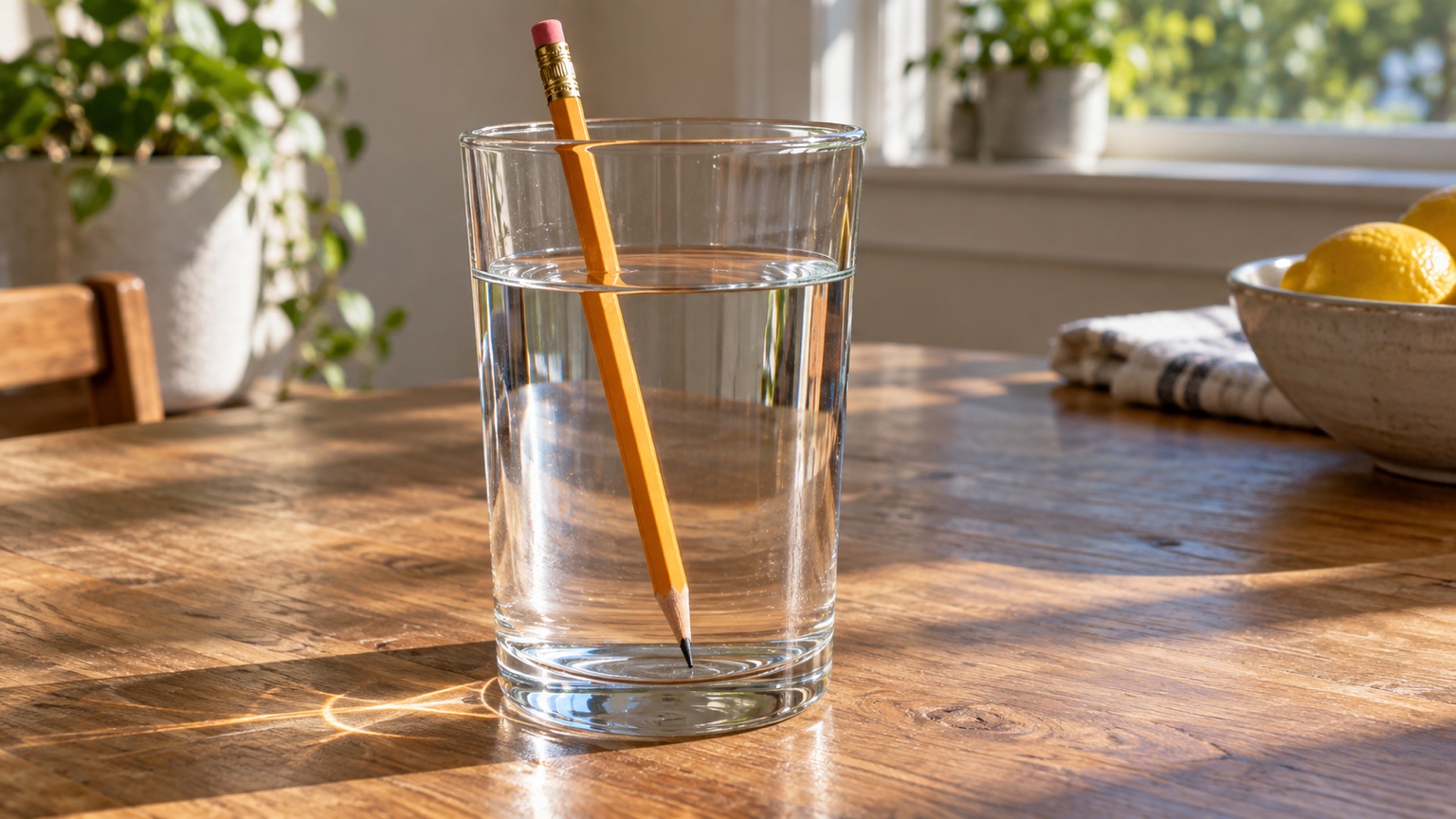 Straight wooden pencil appearing displaced where it crosses the waterline in a clear glass.