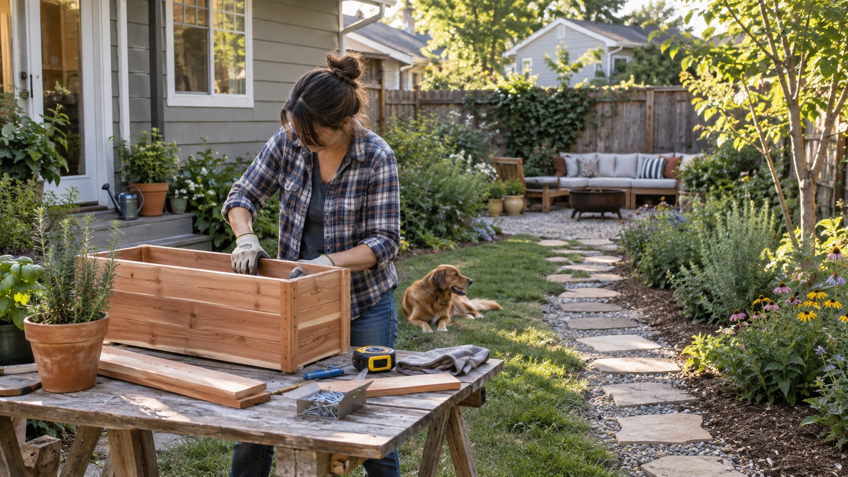 Homeowner assembles a cedar planter in a backyard with a seating nook, herbs, and a stepping-stone path.