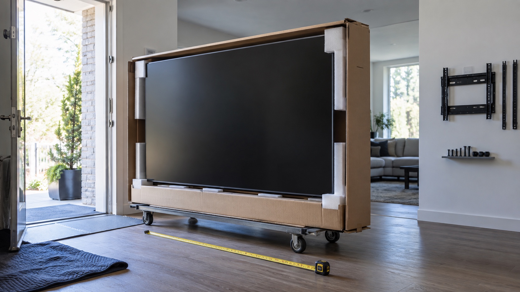 Extra-large flat-screen television in protective packaging beside a doorway, tape measure, dolly, and wall-mount hardware.