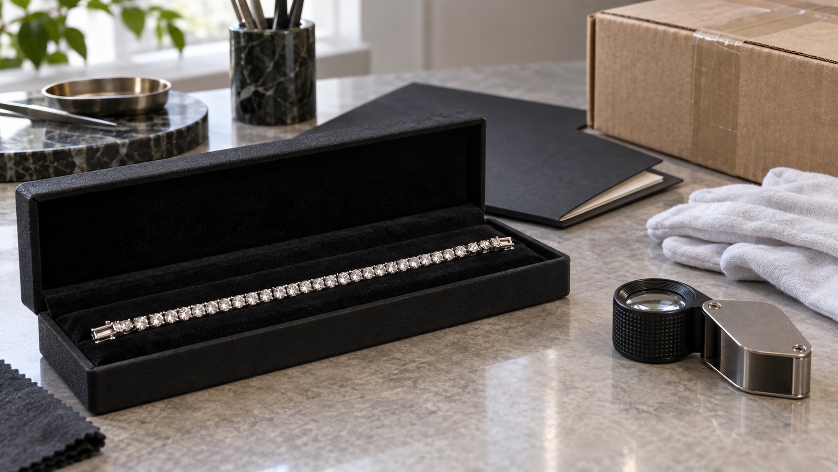 Diamond tennis bracelet in a black case beside a jeweler's loupe, gloves, paperwork, and a shipping box.
