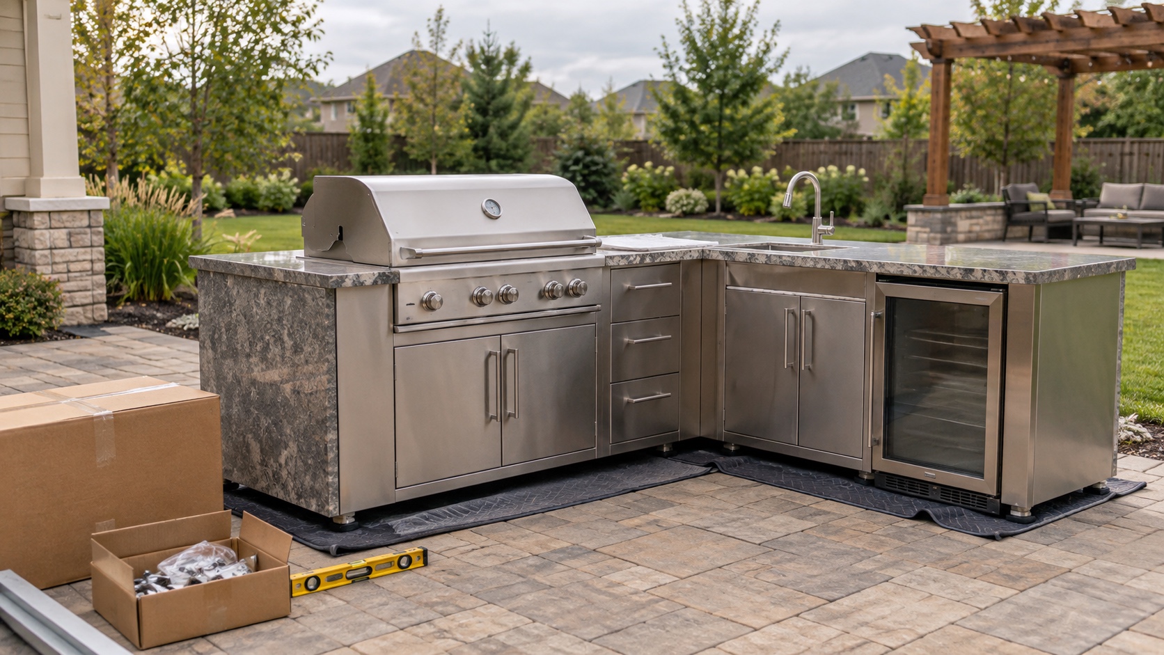 Large stainless-steel outdoor kitchen island with grill, sink, storage, refrigerator, hardware box, and level on a patio.