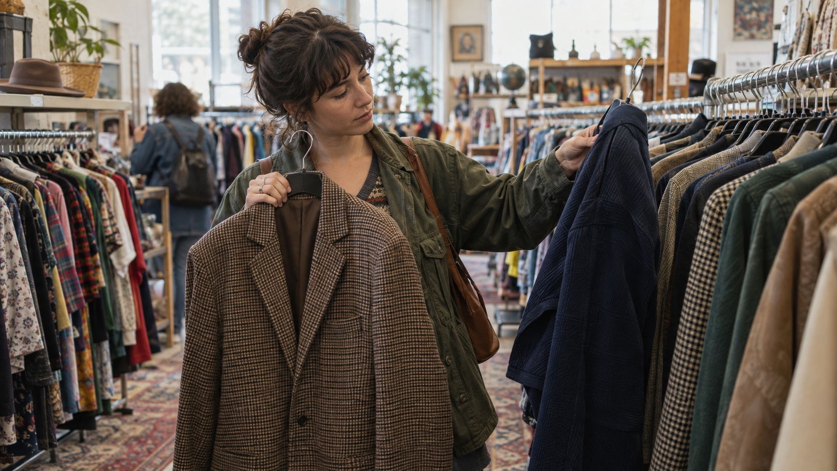 Shopper comparing two secondhand jackets on a crowded rack inside a bright neighborhood thrift store.