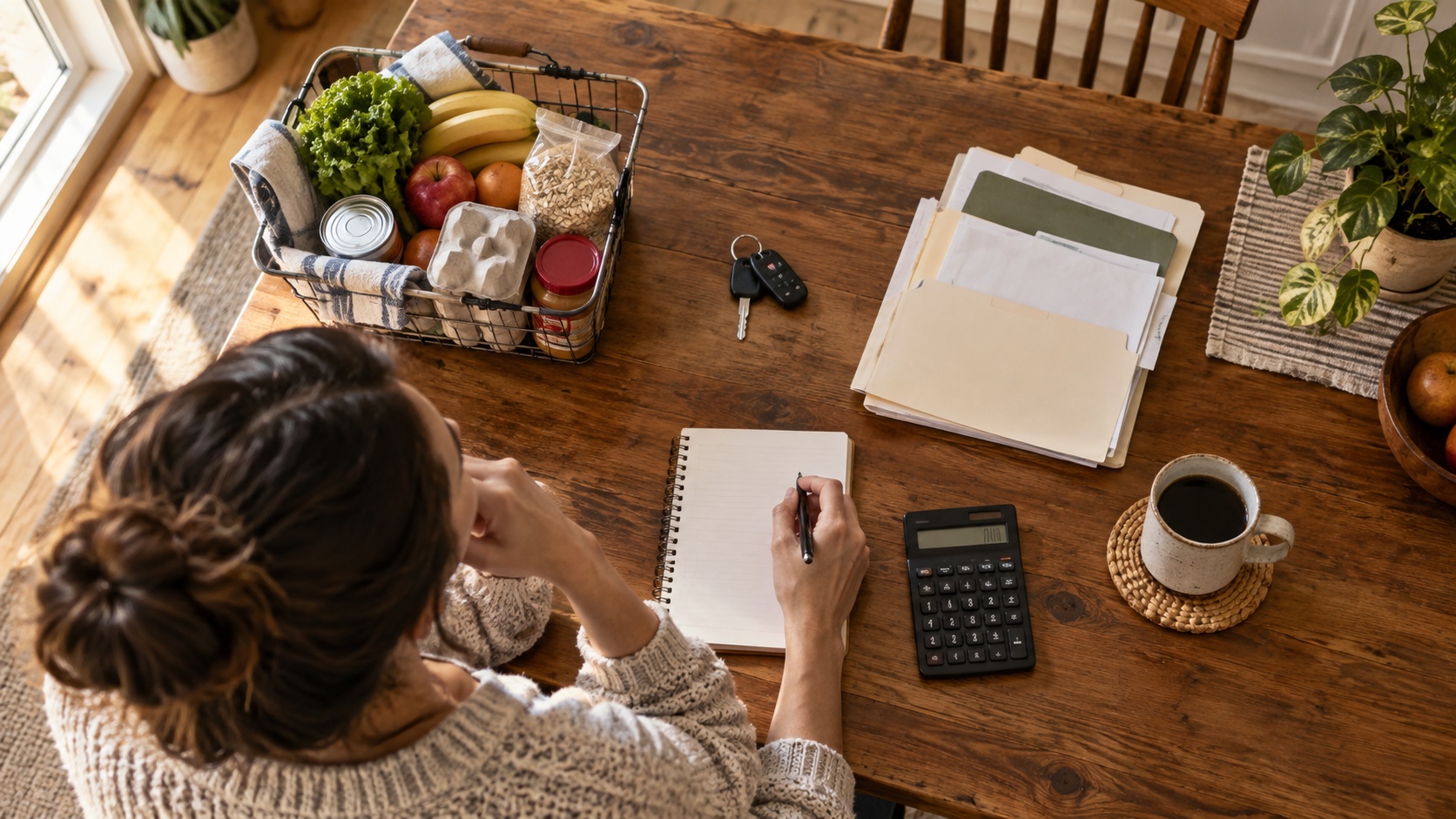 Person comparing groceries, a car key, household folders, and a calculator at a dining table.
