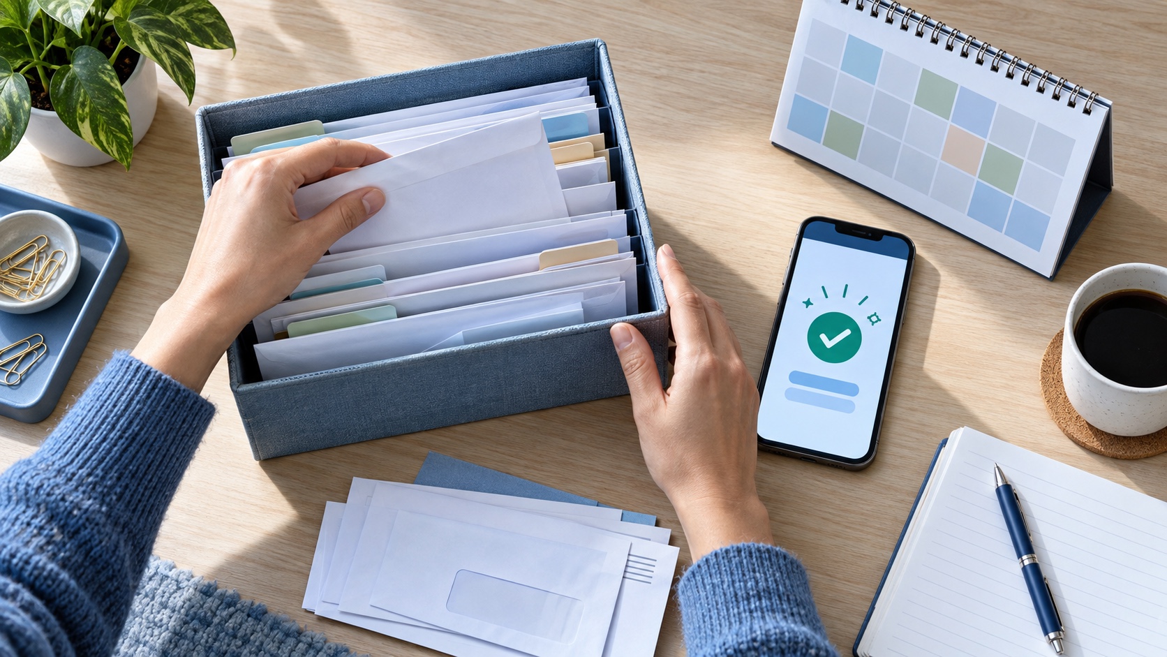 Hands organizing envelopes beside a blank-block calendar and an abstract payment confirmation screen.